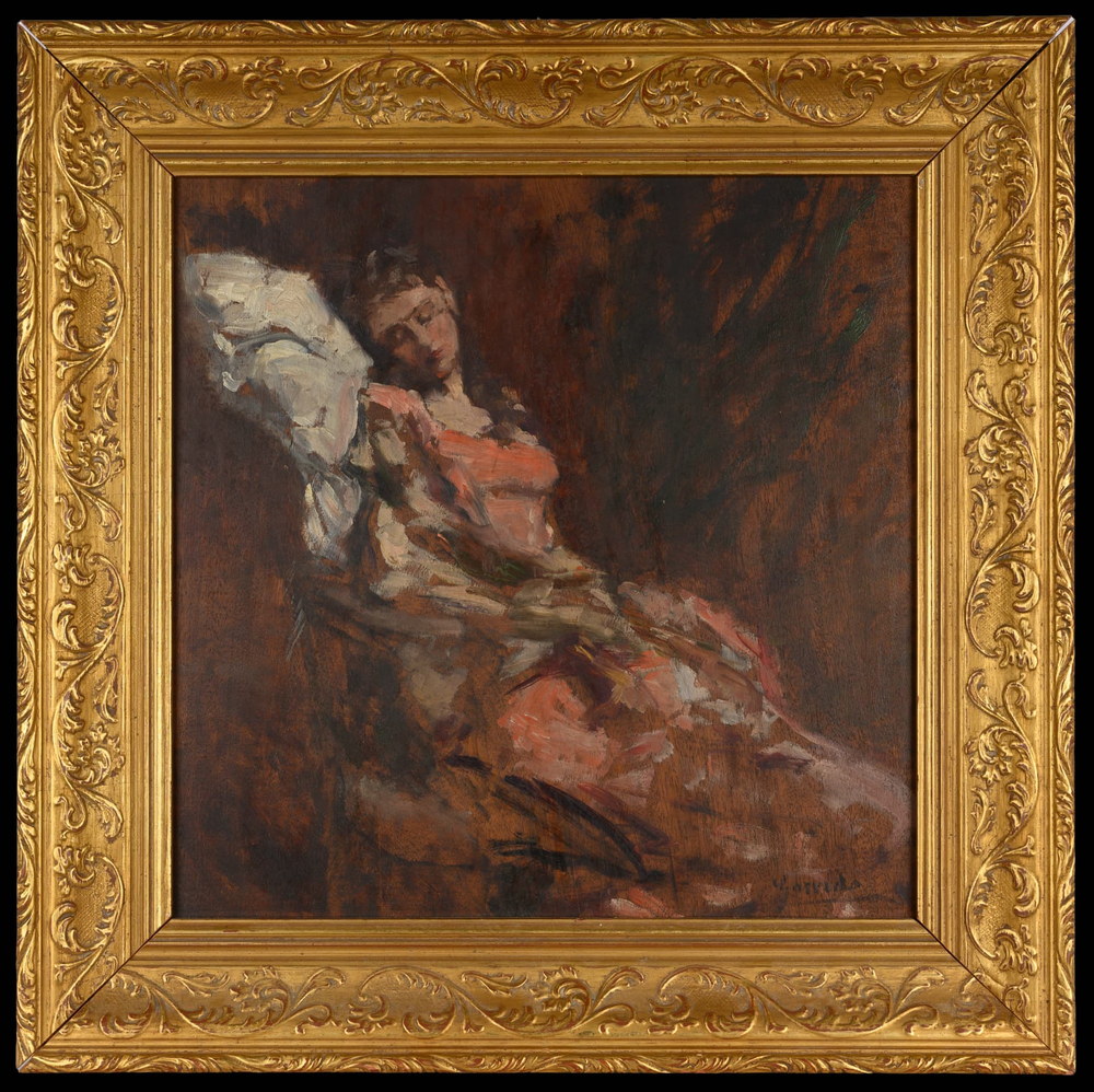 Eduardo Leon Garrido, a sleeping woman in a pink dress, oil sketch on panel