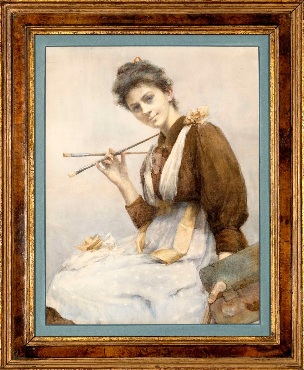 Gertrude Ellen Demain Hammond, portrait of a young woman artist holding brushes and a palette, in its original frame